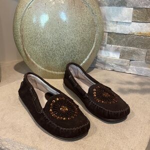 Toscania Brown Crystal Embellished Suede Moccasins Flats